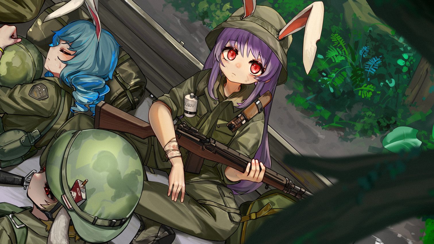 reisen_udongein_inaba, ringo_(touhou), seiran, touhou, kouroukun