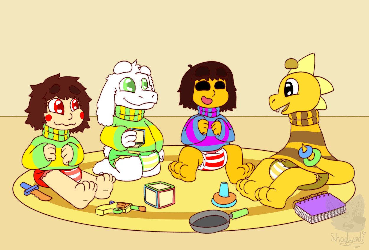 asriel_dreemurr, chara_(undertale), frisk_(undertale), monster_kid, undertale