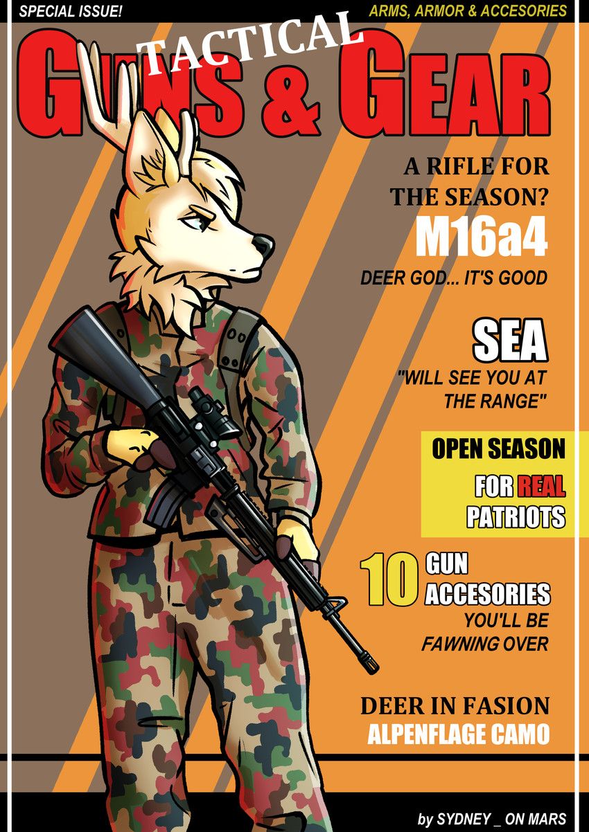 sydney_onmars, anthro, antlers, assault_rifle, camo