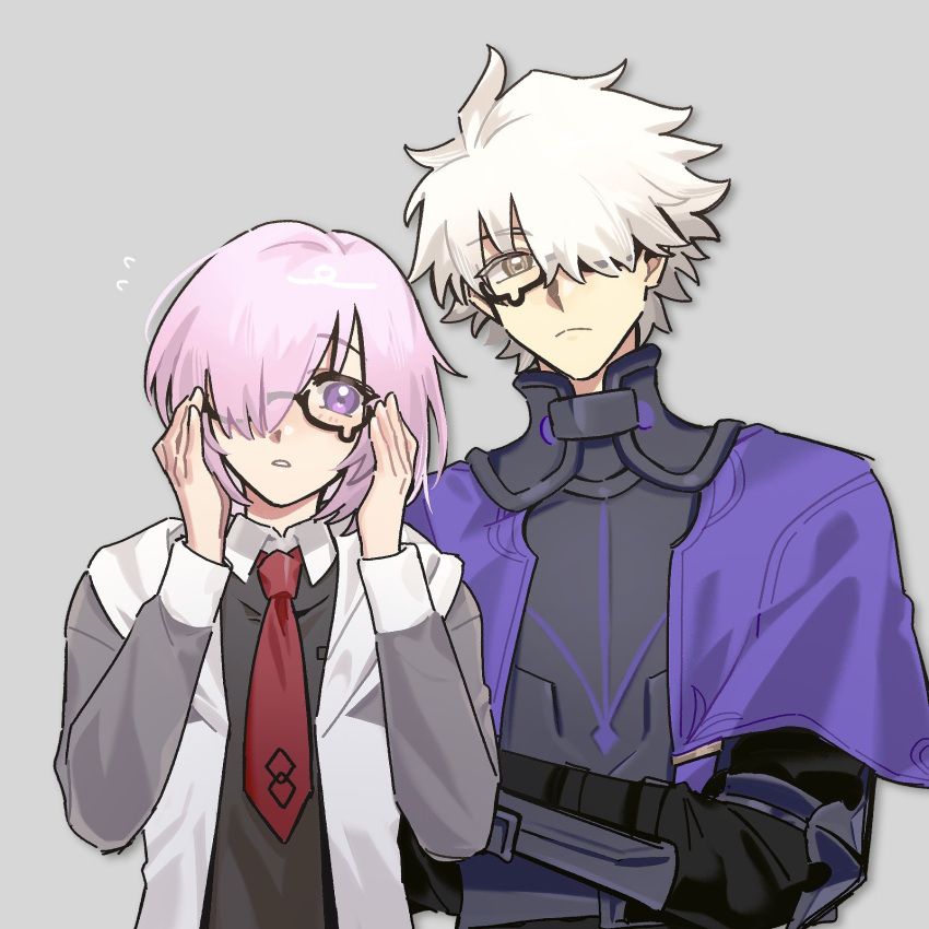 1boy, 1girl, :o, armor, black-framed_eyewear