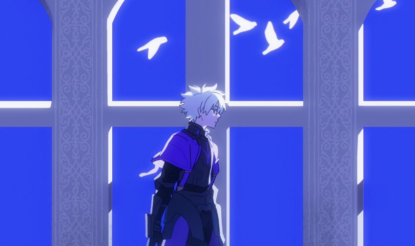 1boy, armor, bird, blue_sky, capelet
