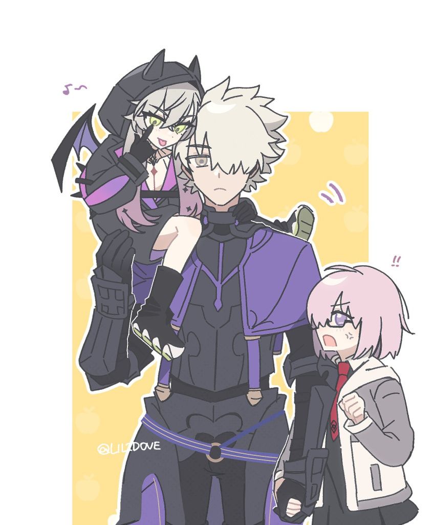 1boy, 2girls, anger_vein, armor, bat_wings