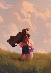blue_shorts, brown_hair, closed_mouth, curly_hair, grass