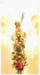 1girl, 3boys, :3, arm_up, bandana
