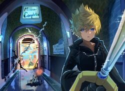 1girl, 3boys, black_coat_(kingdom_hearts), black_gloves, blonde_hair