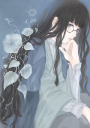 1girl, absurdres, black_hair, blue_background, blue_eyes