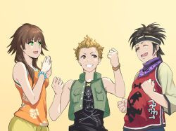 1girl, 2boys, bandana, black_headband, black_shirt