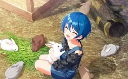 1girl, :d, angora_rabbit, animal, animal_on_head