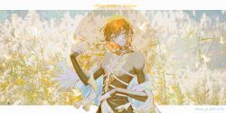 1boy, asymmetrical_hair, bird, black_shirt, border