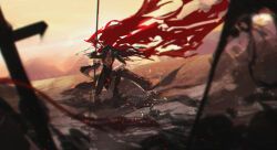 1boy, arm_wrap, backlighting, battlefield, black_coat