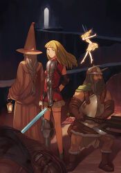 2girls, 3boys, after_battle, armor, axe