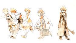 1girl, 4boys, antenna_hair, arm_up, baggy_pants
