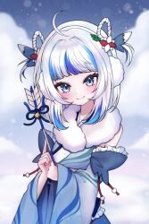 1girl, ahoge, blue_hair, blue_kimono, closed_mouth