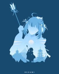1girl, ahoge, architecture, artist_name, blue_theme