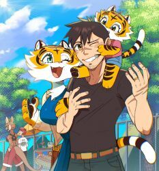 3boys, 3girls, :d, animal_ears, animal_print