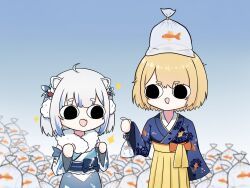 2girls, :d, ahoge, bag, bagged_fish