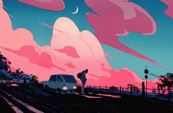 1non-binary, brown_hair, car, clouds, cloudy_sky