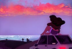 1non-binary, brown_hair, car, clouds, cropped_shirt