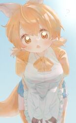 1girl, :<, ?, apron, blue_shorts