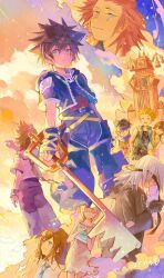 3girls, 6+boys, aozrnst, aqua_eyes, arm_up