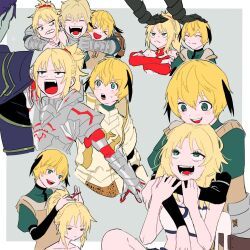 2girls, 3boys, agravain_(fate), alternate_hairstyle, armor