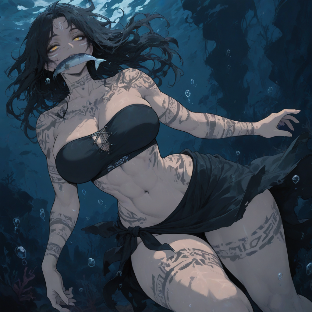 bigbizarts, 1girl, bandeau, curvy_figure, dark_hair