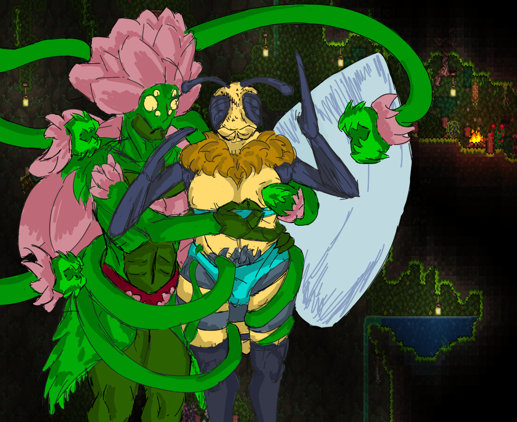 plantera, terraria, 2girls, boobs, bra