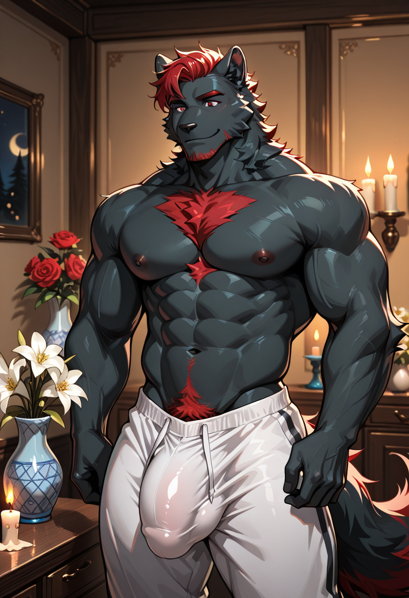 1boy, black_fur, bulge, bulge_through_clothing, candle