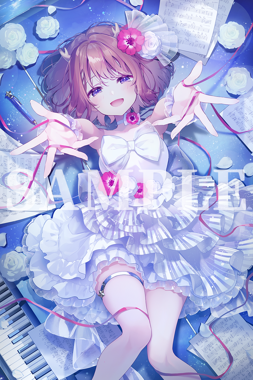 kano_(utaite), 1girl, antlers, blue_background, blue_eyes