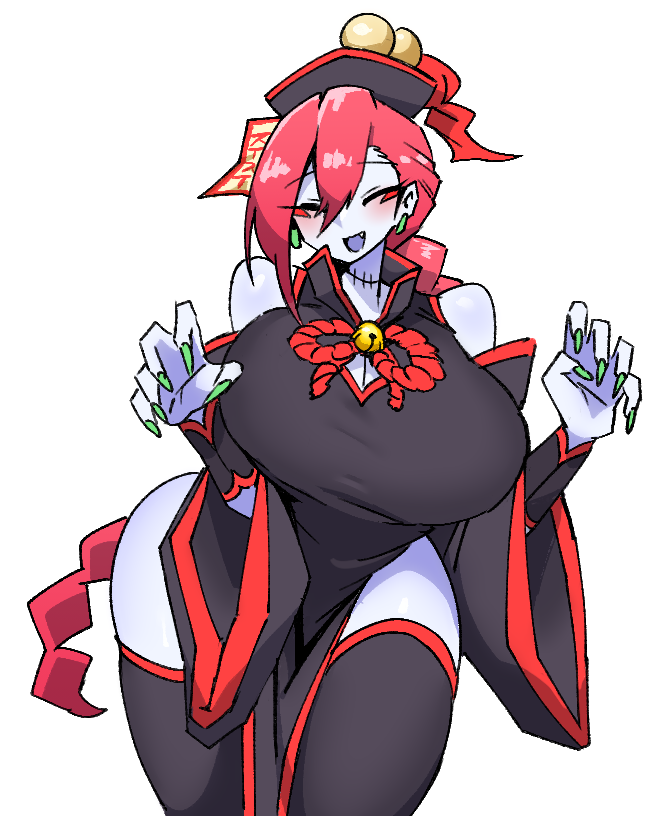 jiangshi_(mannungei), mannungei, 1girl, bell_collar, bent_over