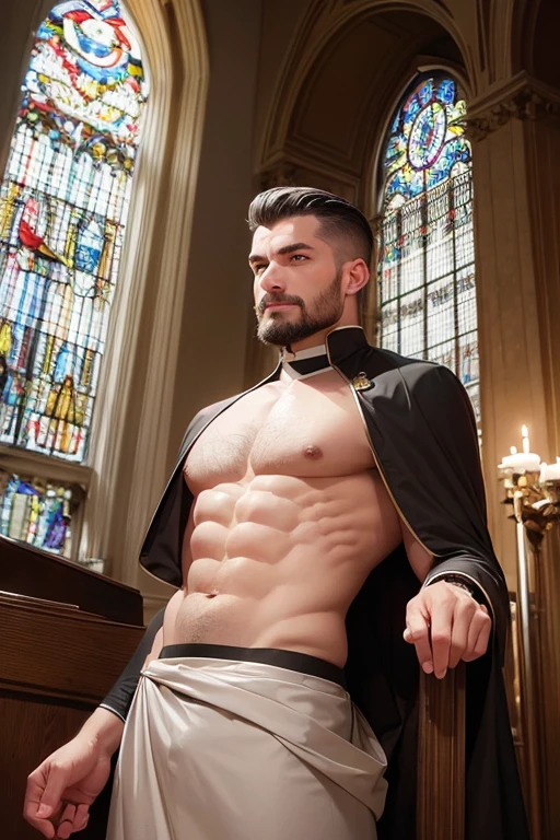 1boy, bold_jawline, brown_eyes, brown_hair, cassock